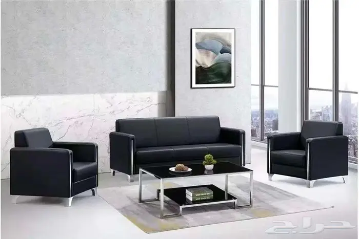 كنب جلد أسود فخم للمكاتب والاستقبال 0