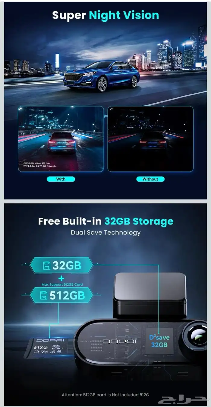 داش كام DDPAI 4k امامي وخلفي موديل N5 جديدة لم تستخدم 3