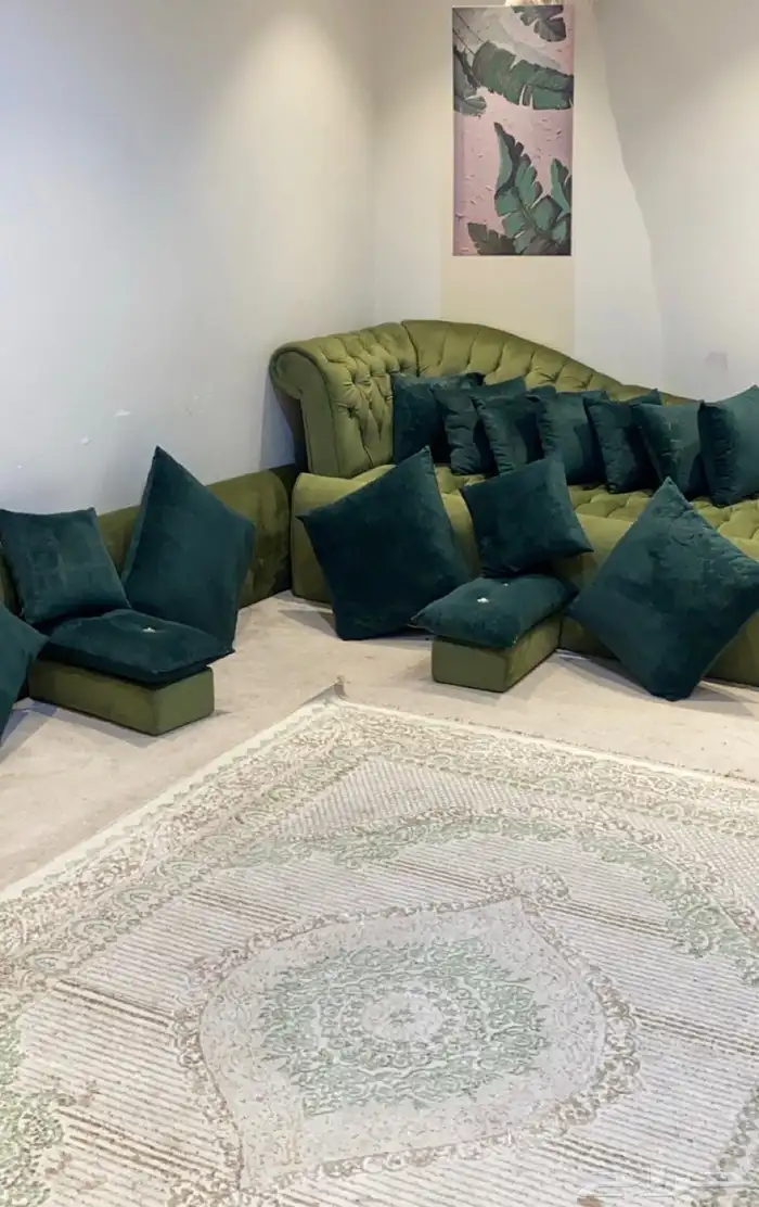 كنبه وجلسة ظهر كامله مع لوحه وطاوله تلفزيون وقطعه سجاد 1