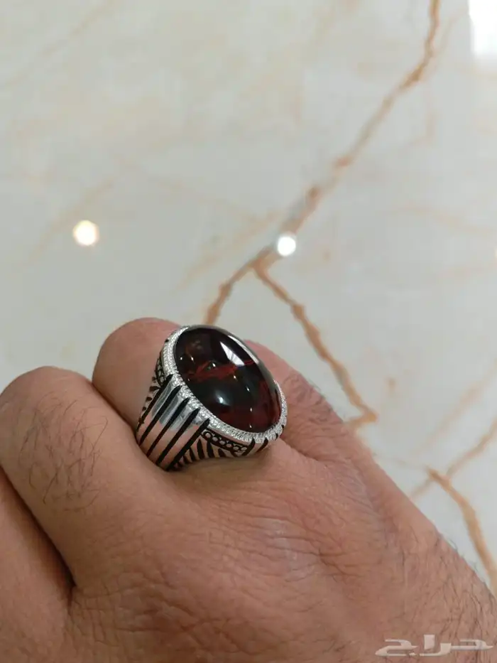 خاتم فضة عقيق يماني كرزي مزعفر صياغة عارف 7