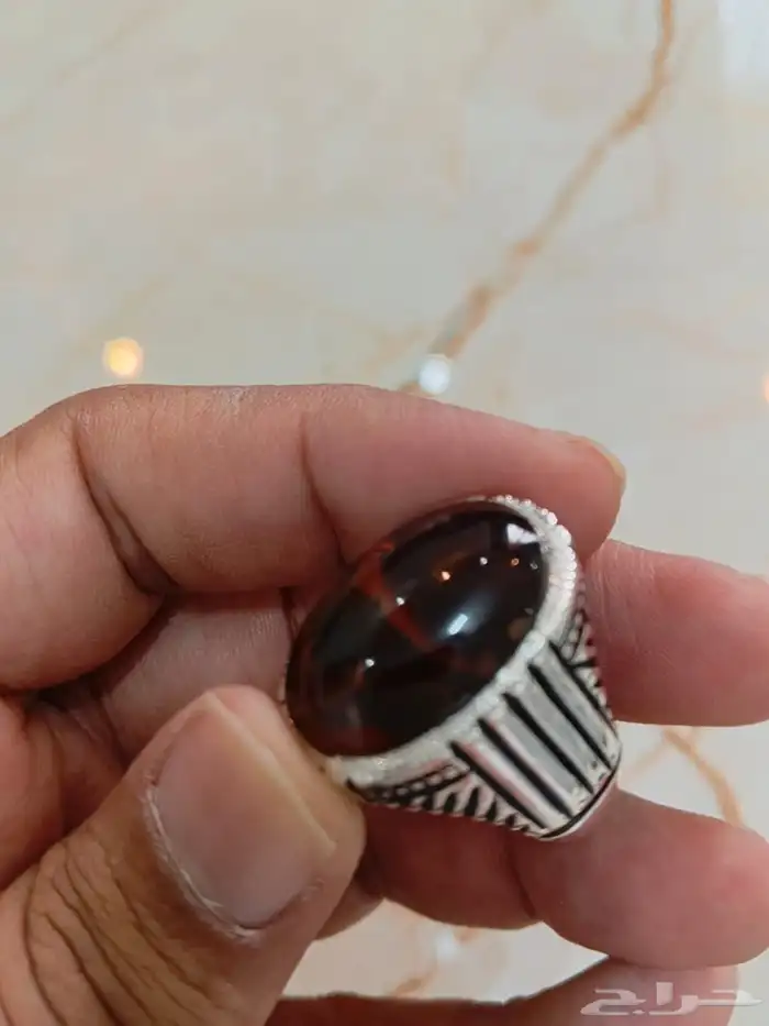 خاتم فضة عقيق يماني كرزي مزعفر صياغة عارف 0