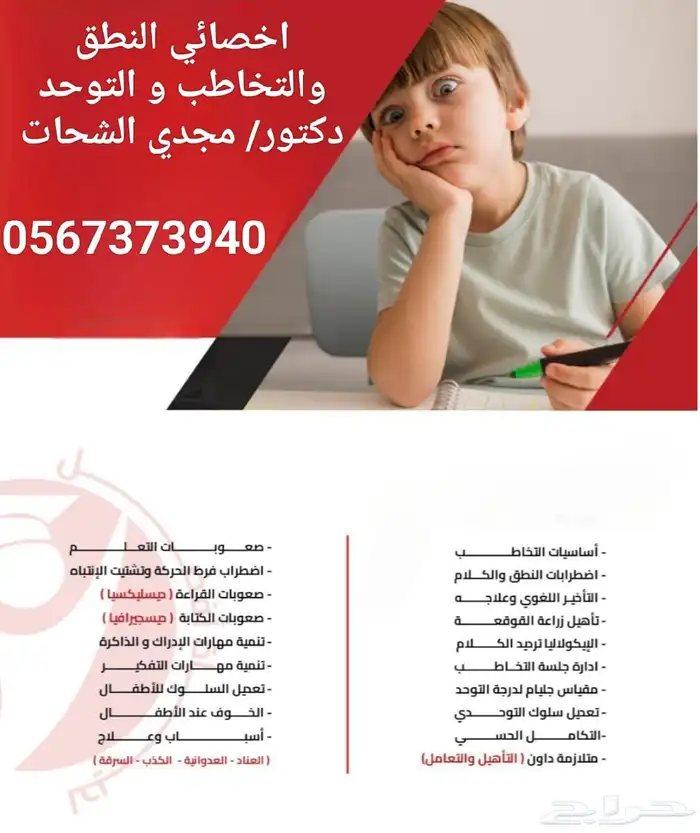 اخصائي نطق وتخاطب وتوحد وفرط حركه وتشتت انتباه 0