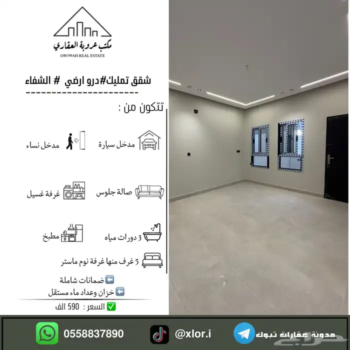 للبيع شقق تمليك دور ارضي تبوك حي الشفاء ب 590الف 0