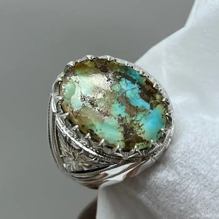 خاتم فضة بفص فيروز نيشابوري طبيعي عيار 980 2