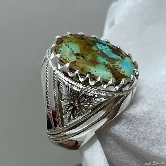 خاتم فضة بفص فيروز نيشابوري طبيعي عيار 980 3