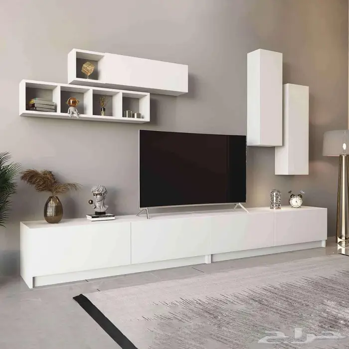 طاولة تلفزيون مع ارفف علويه بتصميم مميز وعملي 2