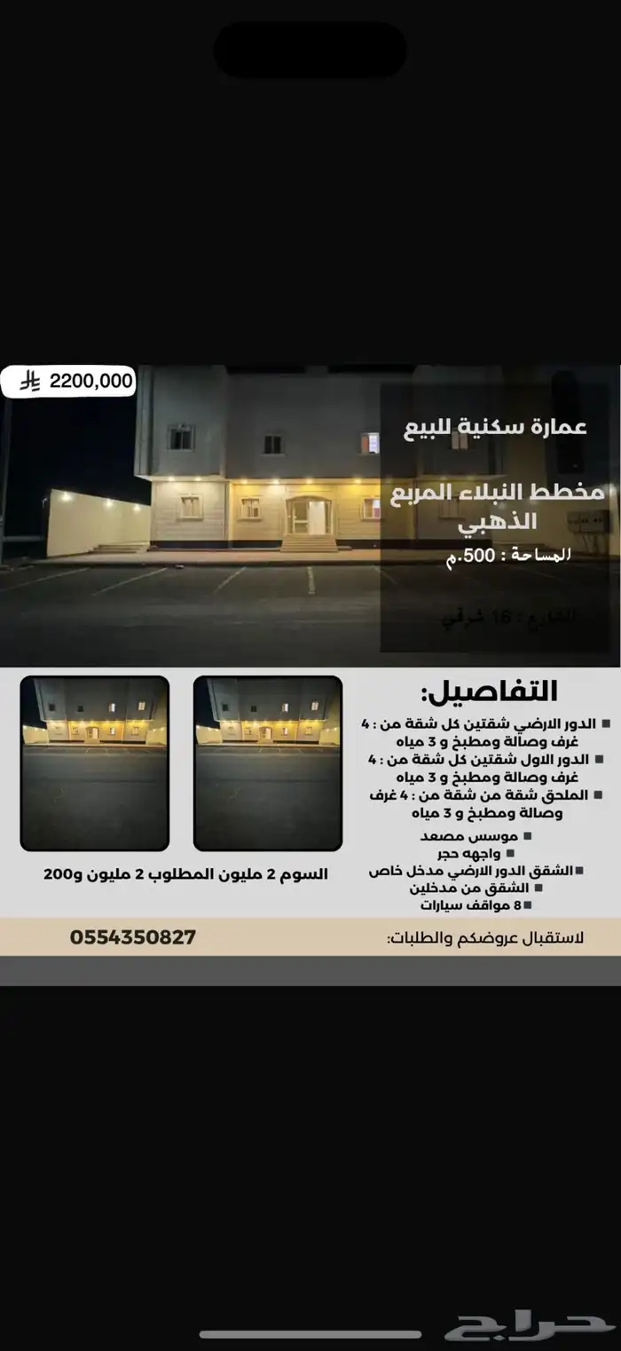 عمارة للبيع حي النبلاء 5 شقق 500 م كل شقة 4 غزف فرصة 0