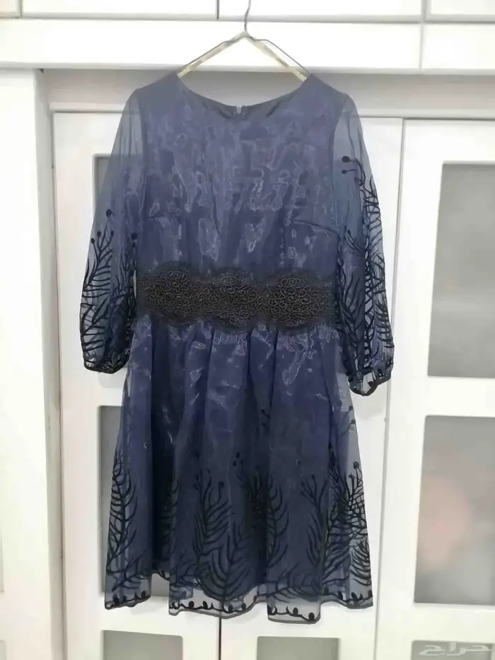 فستان قصير انيق كحلي جديد اكمام بف الخيوط مخمل 0