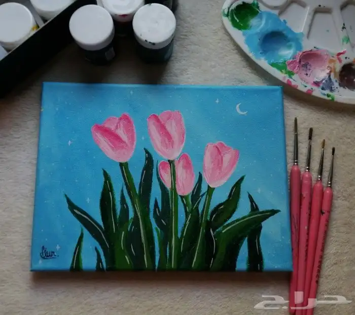 لوحه كانفوس مرسومه يدويا  ورود  أسر منتجه 0