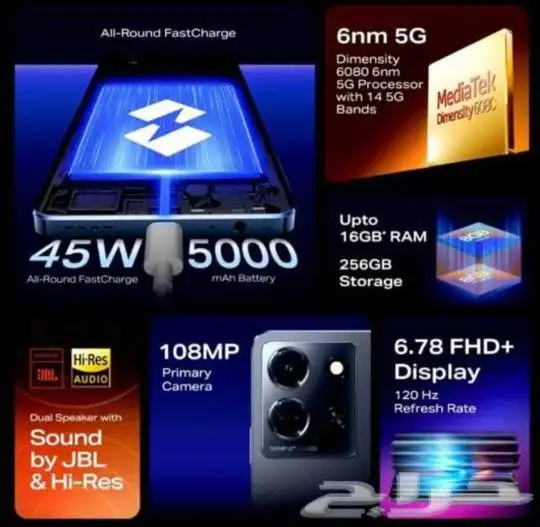 جوال انفينكس نوت30 5G ذهبي جديد وسماعةبلوتوث وكرت ذاكرةللبيع 1