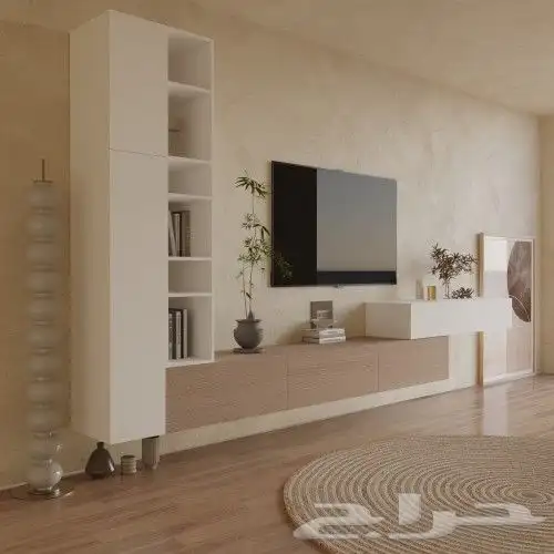 طاولة تلفاز مع مكتبة باللونين الأبيض والبيج 1