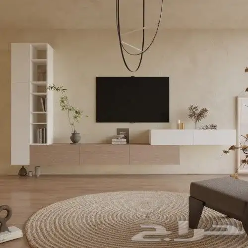 طاولة تلفاز مع مكتبة باللونين الأبيض والبيج 0