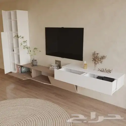 طاولة تلفاز مع مكتبة باللونين الأبيض والبيج 2