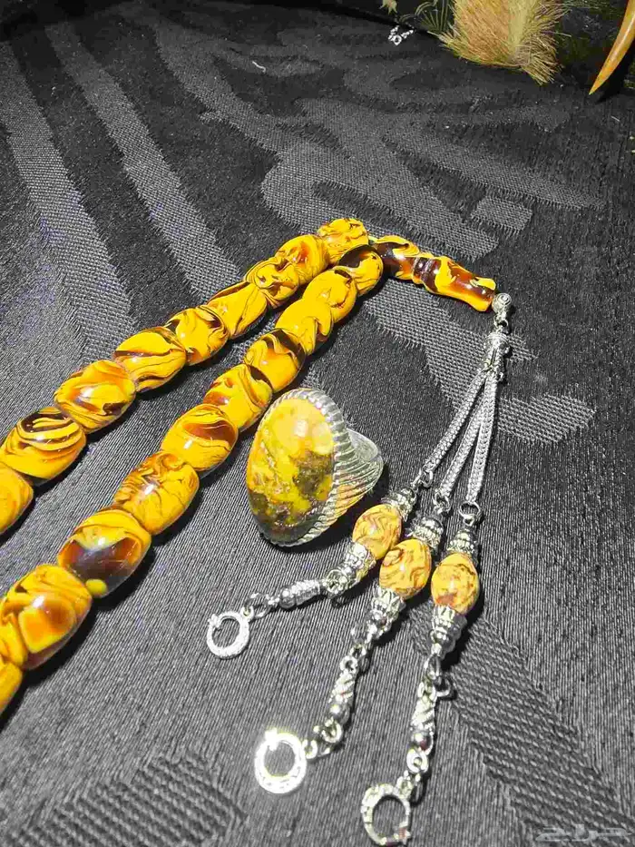 خاتم كهرمان بولندي مع سبحة بكلايت لون مميز اتحادية 9