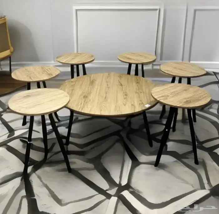 طقم طاولات خشب قواعد معدن 7 قطع 2