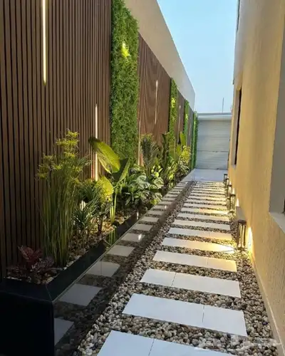 تنسيق حدائق جازان جلسات خارجيه أحواض زراع عشب صناعي بديل خشب 19