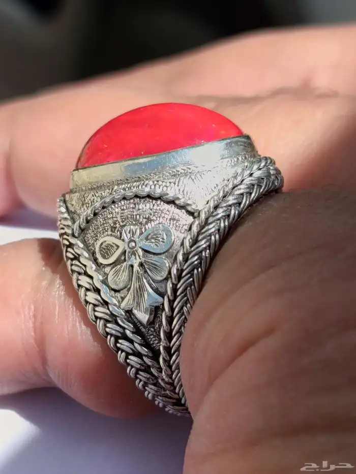 خاتم اوبال إثيوبي احمر فل الفل صياغة سلك مميزة ثقيله 2