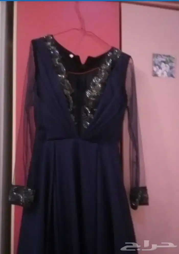 فستان سهره كحلي شيفون ب اكمام شفاف لم يلبس الفستان موجود 1