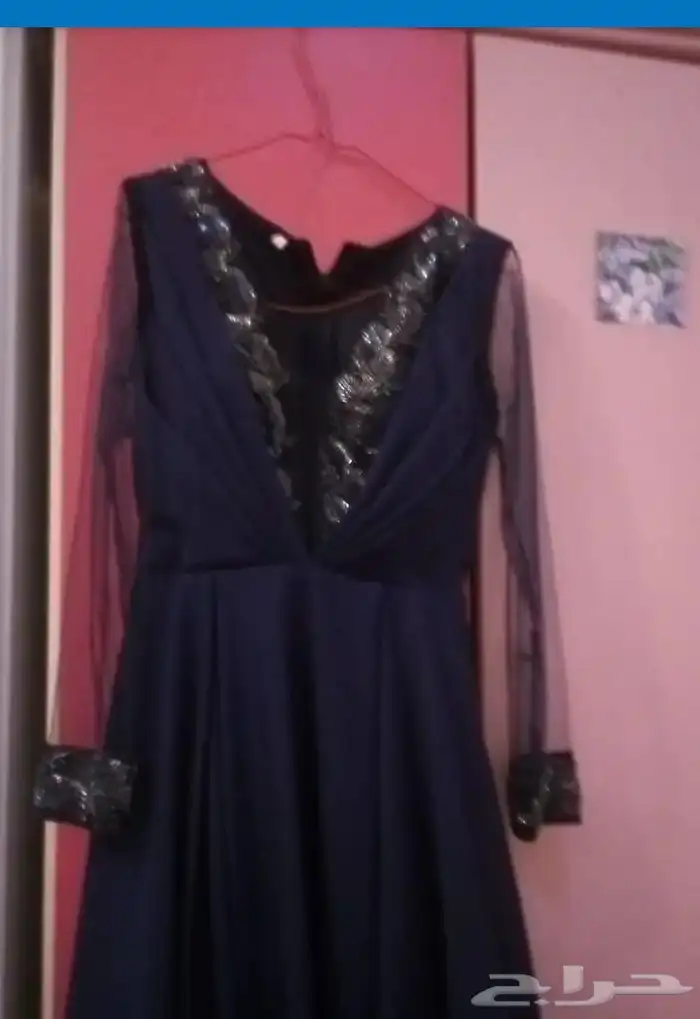 فستان سهره كحلي شيفون ب اكمام شفاف لم يلبس الفستان موجود 0