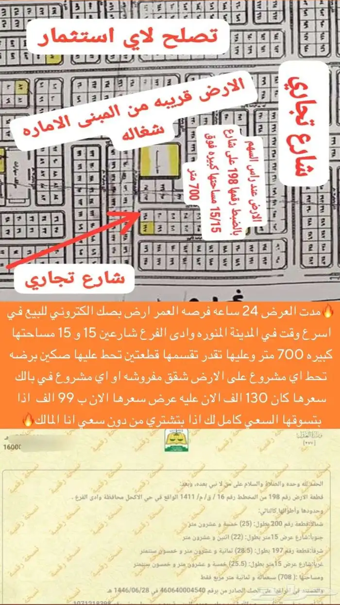 ارض للبيع اسرع وقت المدينة المنوره وادى الفرع شارعين انامالك 0