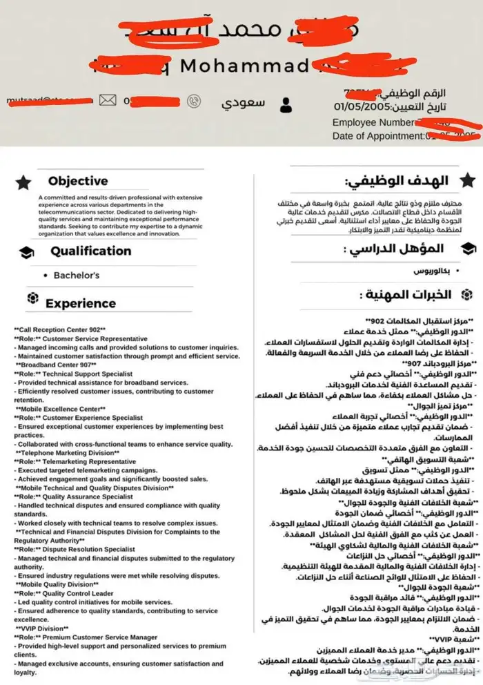 سيرة ذاتيه لغتين مدمج واحترافي باقل الأسعار ATS CV 0