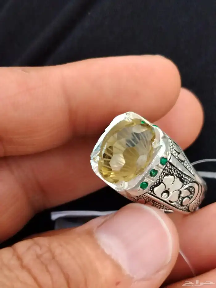 خاتم فضه بحجر السترين قطع مميز مطعم بالزمرد 7