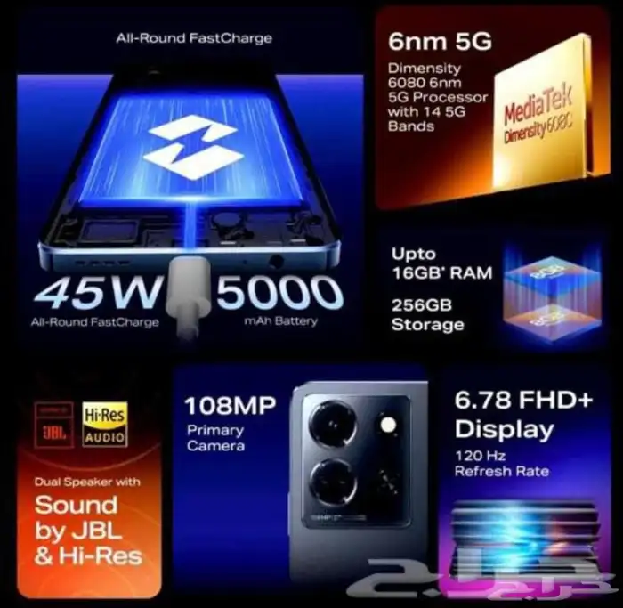 جوال انفينكس نوت30 5G ذهبي جديد وسماعةبلوتوث وكرت ذاكرةللبيع 1