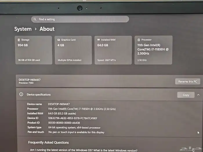 Dell Precision 7560   محطة عمل احترافية بذاكرة 64GB وتخزين 1 8
