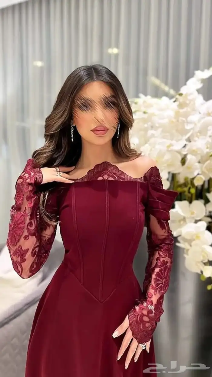 فستان سهره طويل عنابي باكمام دانتيل شفافه 3