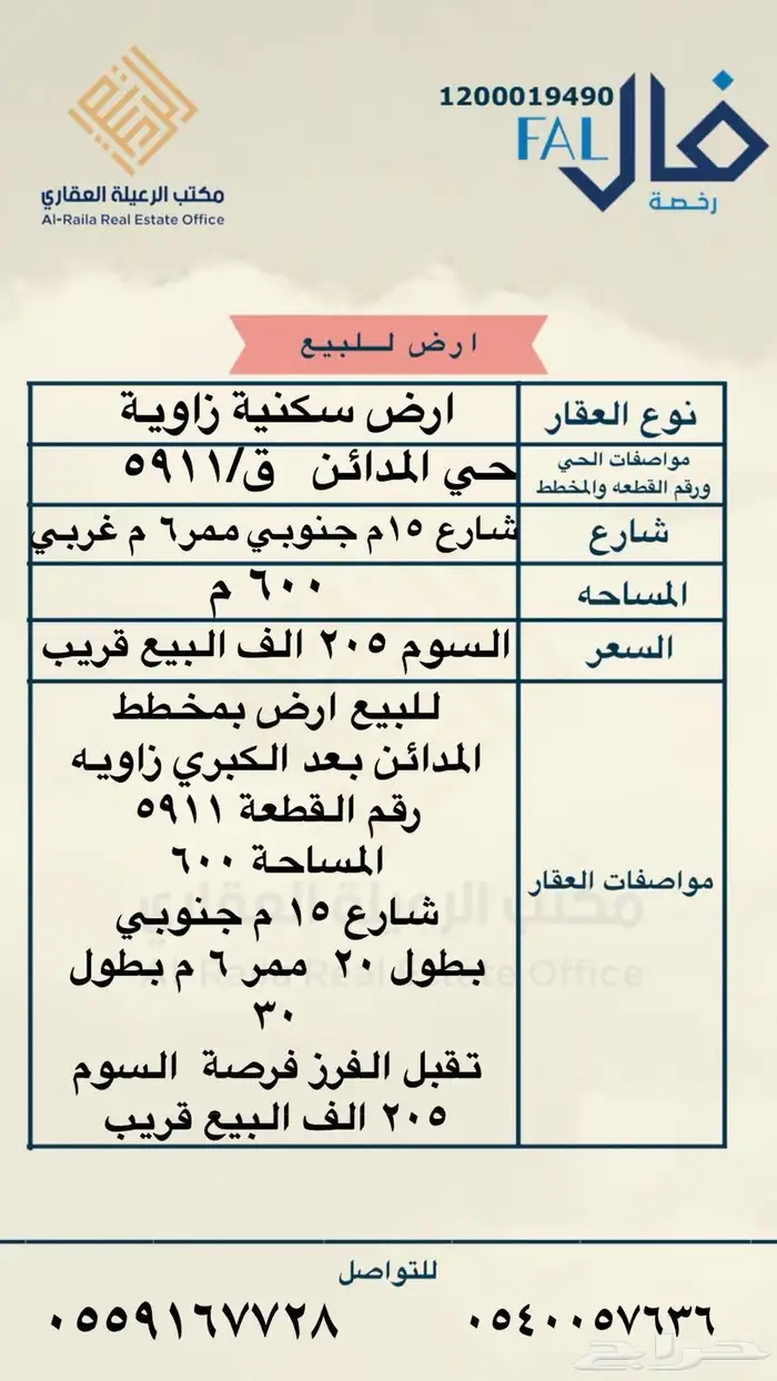 للبيع ارض بمخطط المداين زاويه تقبل الفرز فرصة السوم 205 الف 0