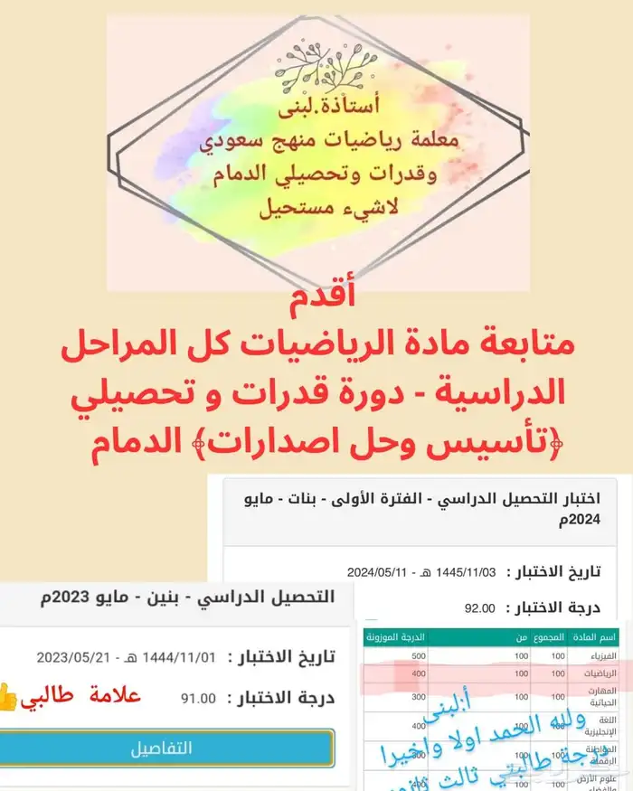 معلمة رياضيات متوسط وثانوي وقدرات وتحصيلي بالدمام حي الحمراء 0