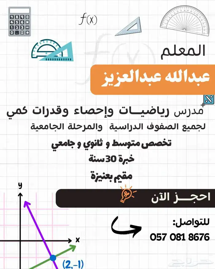 معلم رياضيات وإحصاء مقيم بعنيزة جميع المراحل خبرة 30سنة 0
