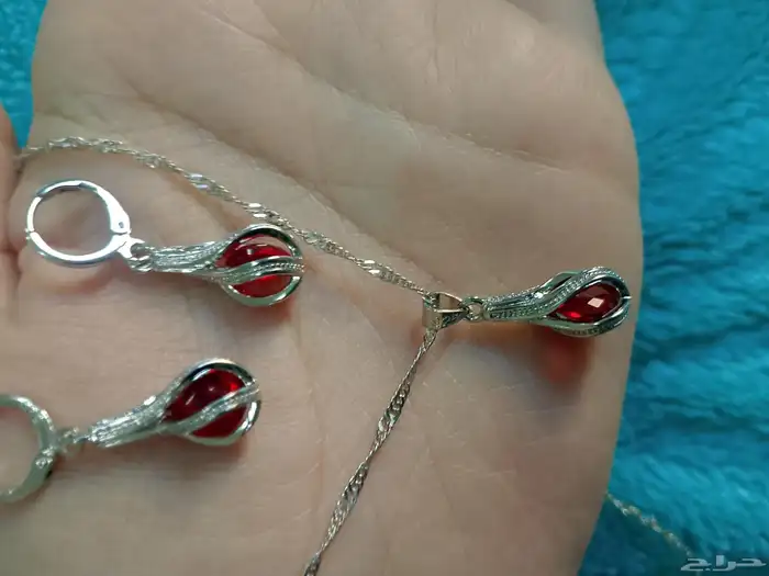 925 Sterling Silver Set in Red Earrings with Necklace 2